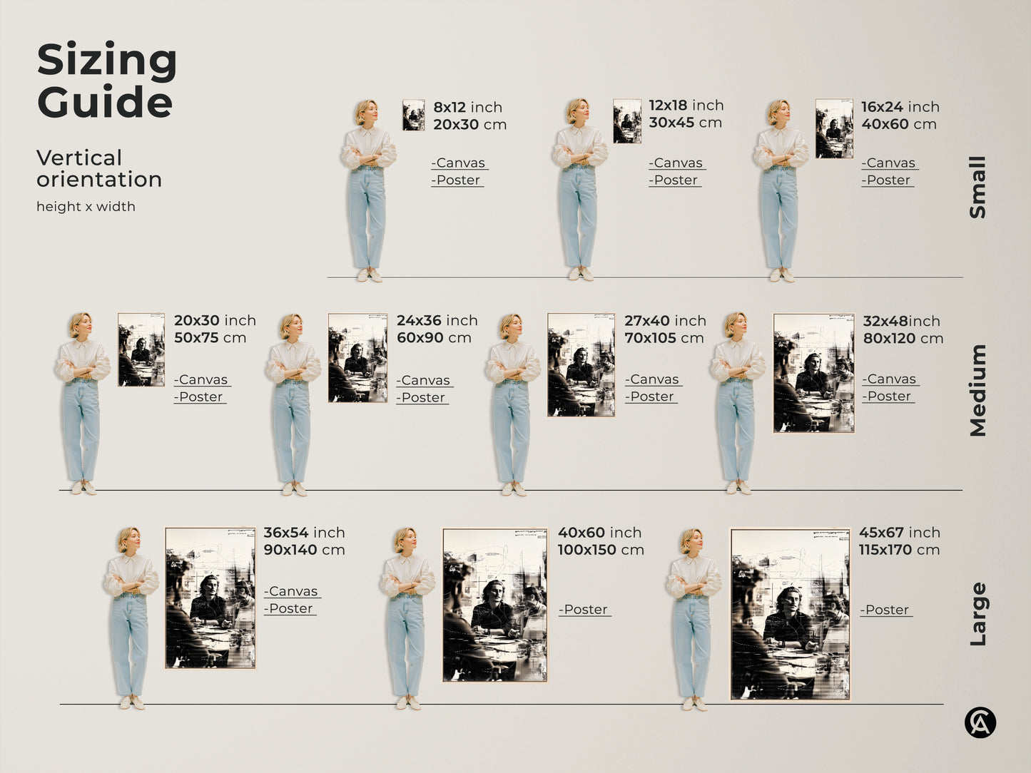 Sizing guide for the abstract monochrome people artwork. Visualize the canvas and poster print sizes in vertical orientation. Find the perfect fit for your space. Choose from small medium or large sizes to enhance your contemporary office wall decor.