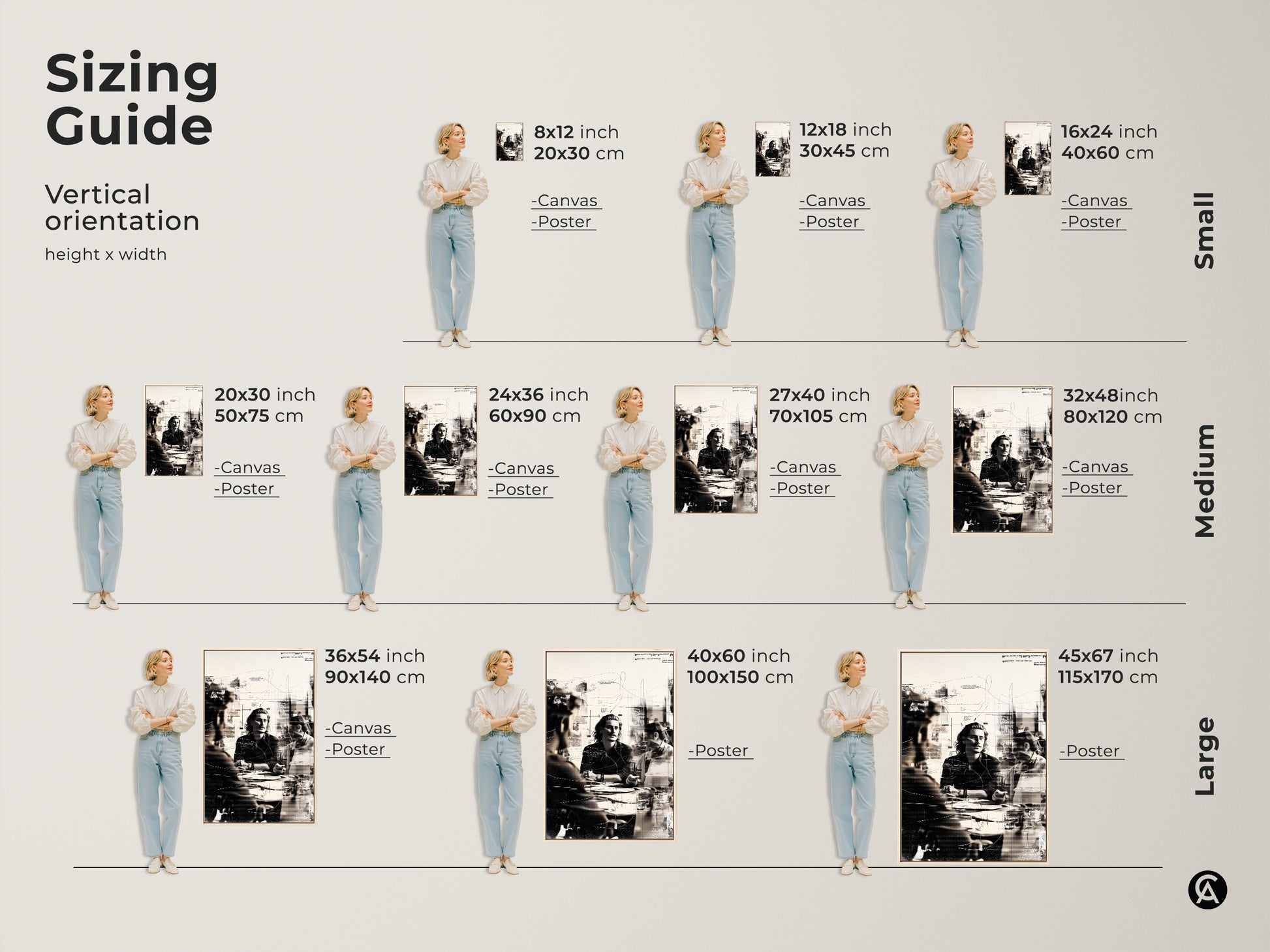 Sizing guide for the abstract monochrome people artwork. Visualize the canvas and poster print sizes in vertical orientation. Find the perfect fit for your space. Choose from small medium or large sizes to enhance your contemporary office wall decor.