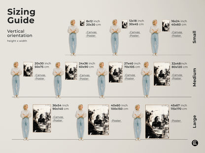 Sizing guide for the abstract monochrome people artwork. Visualize the canvas and poster print sizes in vertical orientation. Find the perfect fit for your space. Choose from small medium or large sizes to enhance your contemporary office wall decor.
