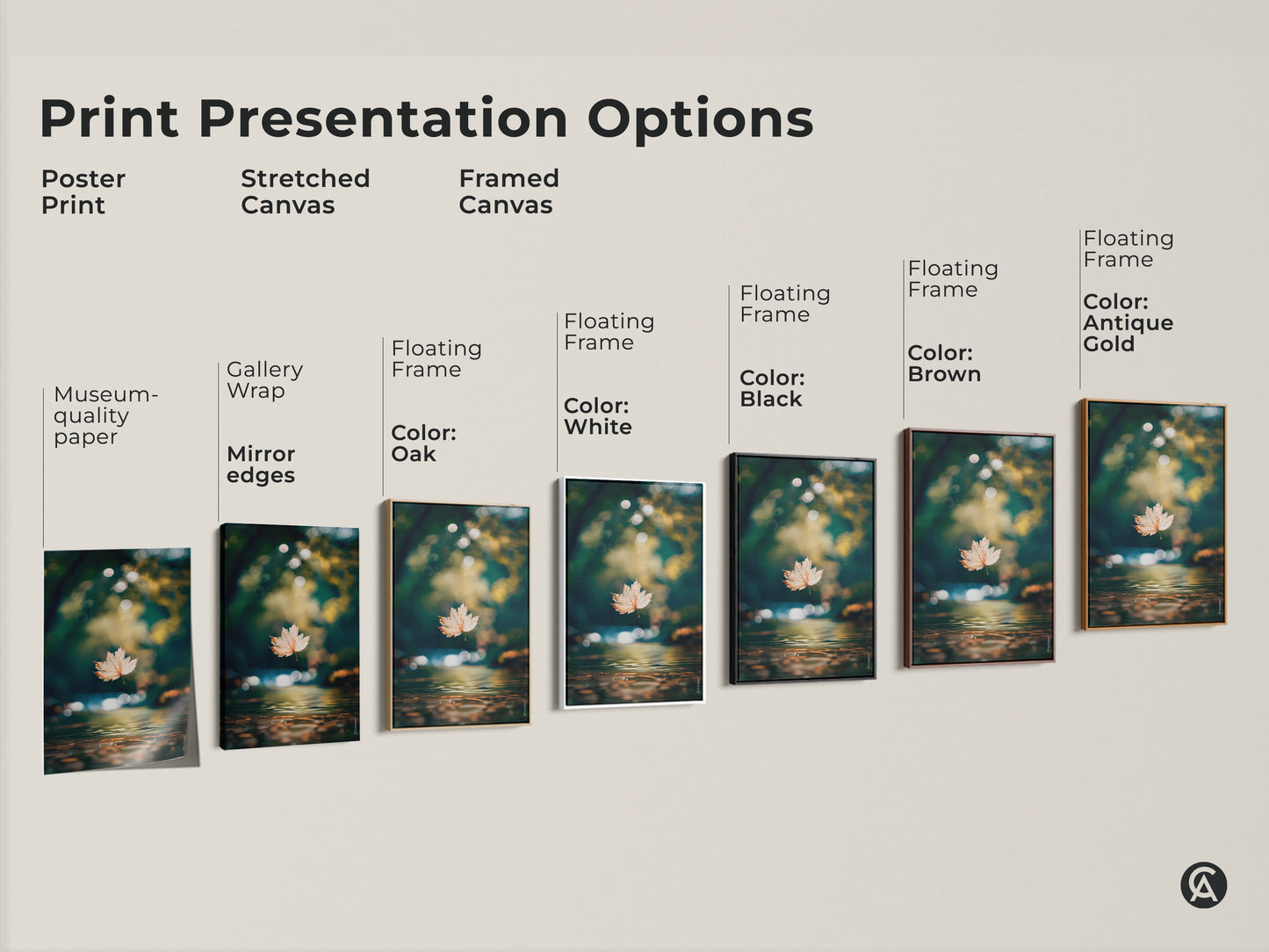 Explore print presentation options. Poster print stretched canvas and framed canvas. Floating frames in oak white black brown and antique gold. Find the perfect style to display this leaf artwork.