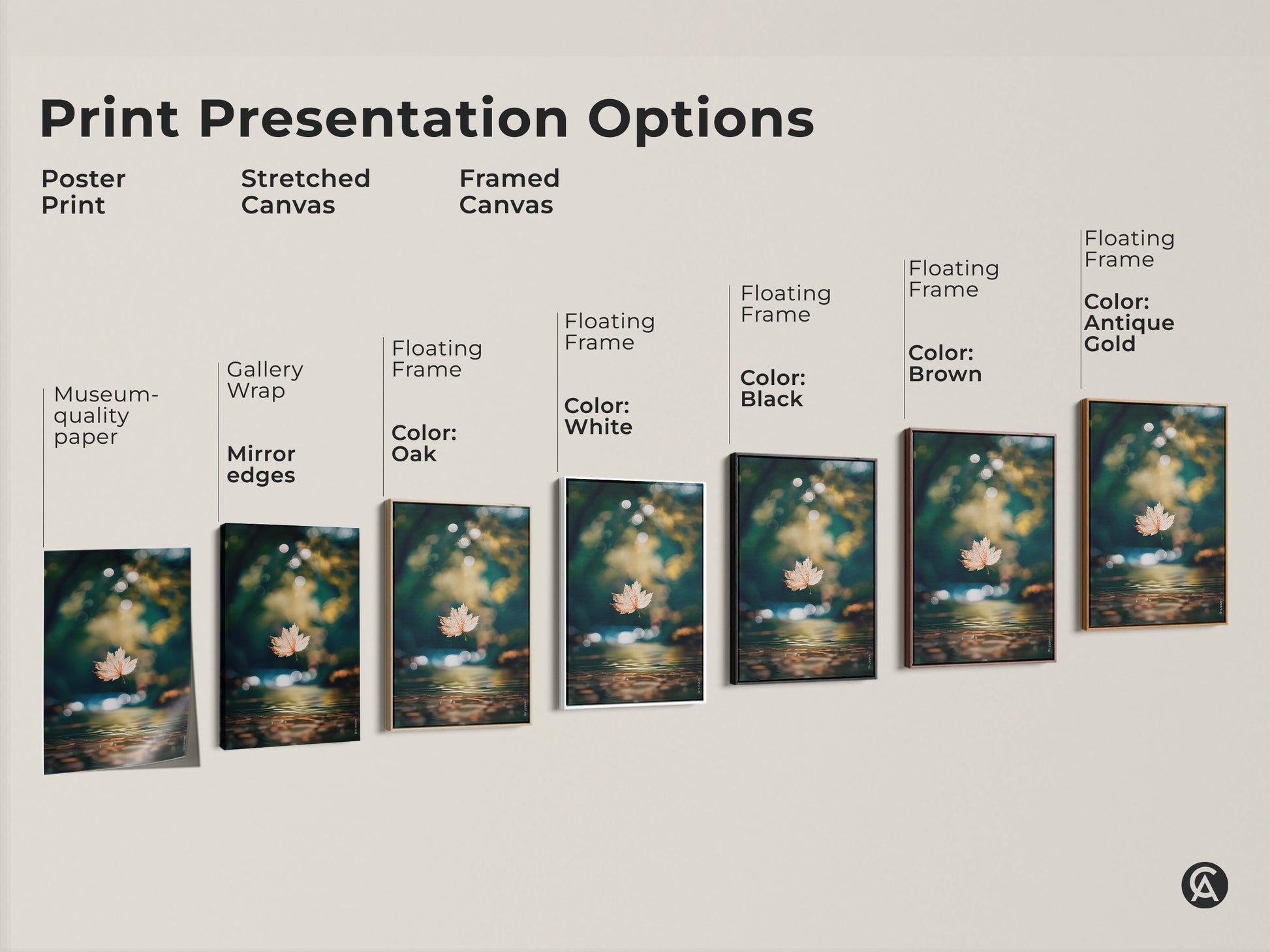Explore print presentation options. Poster print stretched canvas and framed canvas. Floating frames in oak white black brown and antique gold. Find the perfect style to display this leaf artwork.