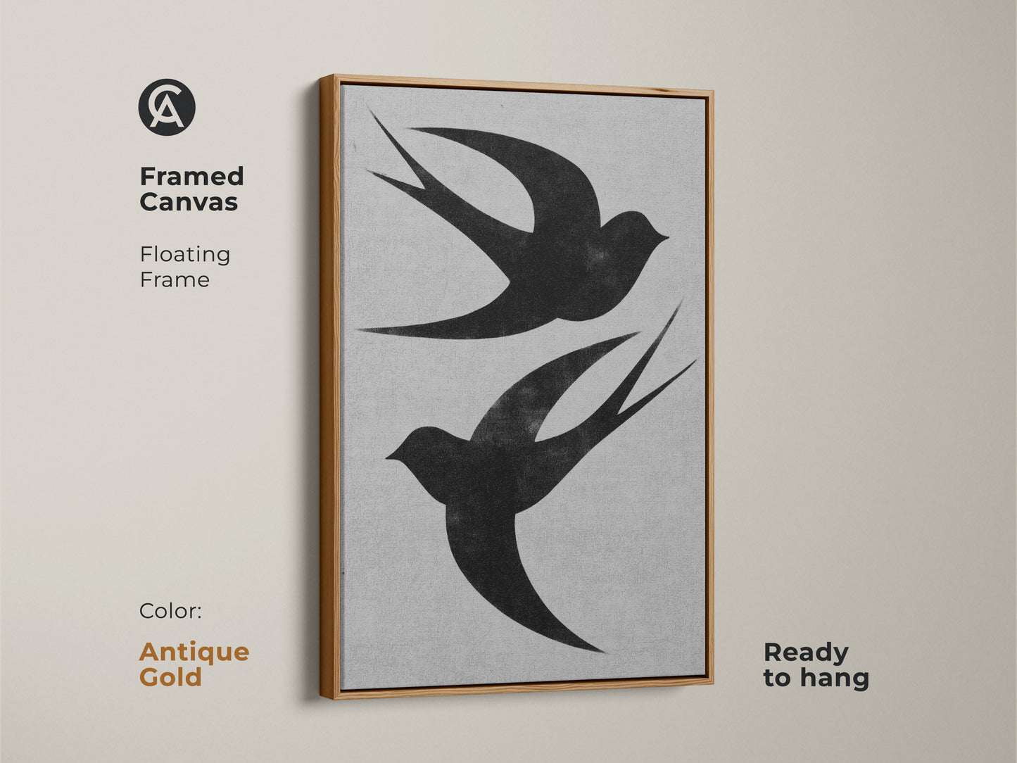 Framed canvas art featuring two black swallows is shown. It is a minimalist wall art with a floating white frame. The monochrome bird artwork arrives ready to hang adding a modern nature touch. Perfect for any room or aesthetic.