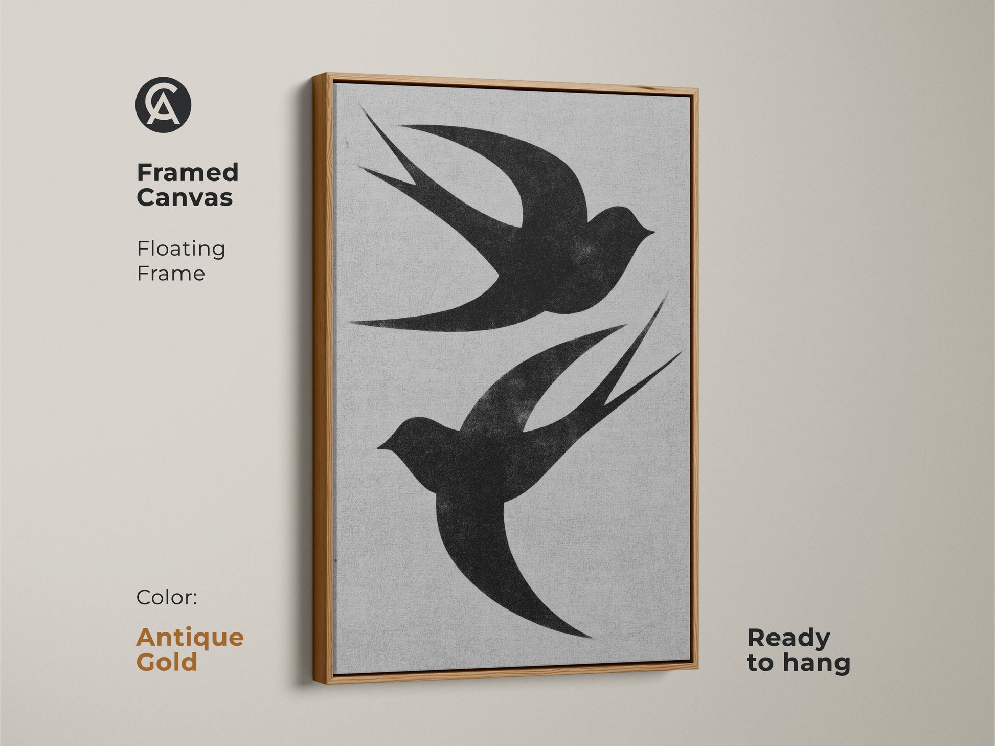 Framed canvas art featuring two black swallows is shown. It is a minimalist wall art with a floating white frame. The monochrome bird artwork arrives ready to hang adding a modern nature touch. Perfect for any room or aesthetic.