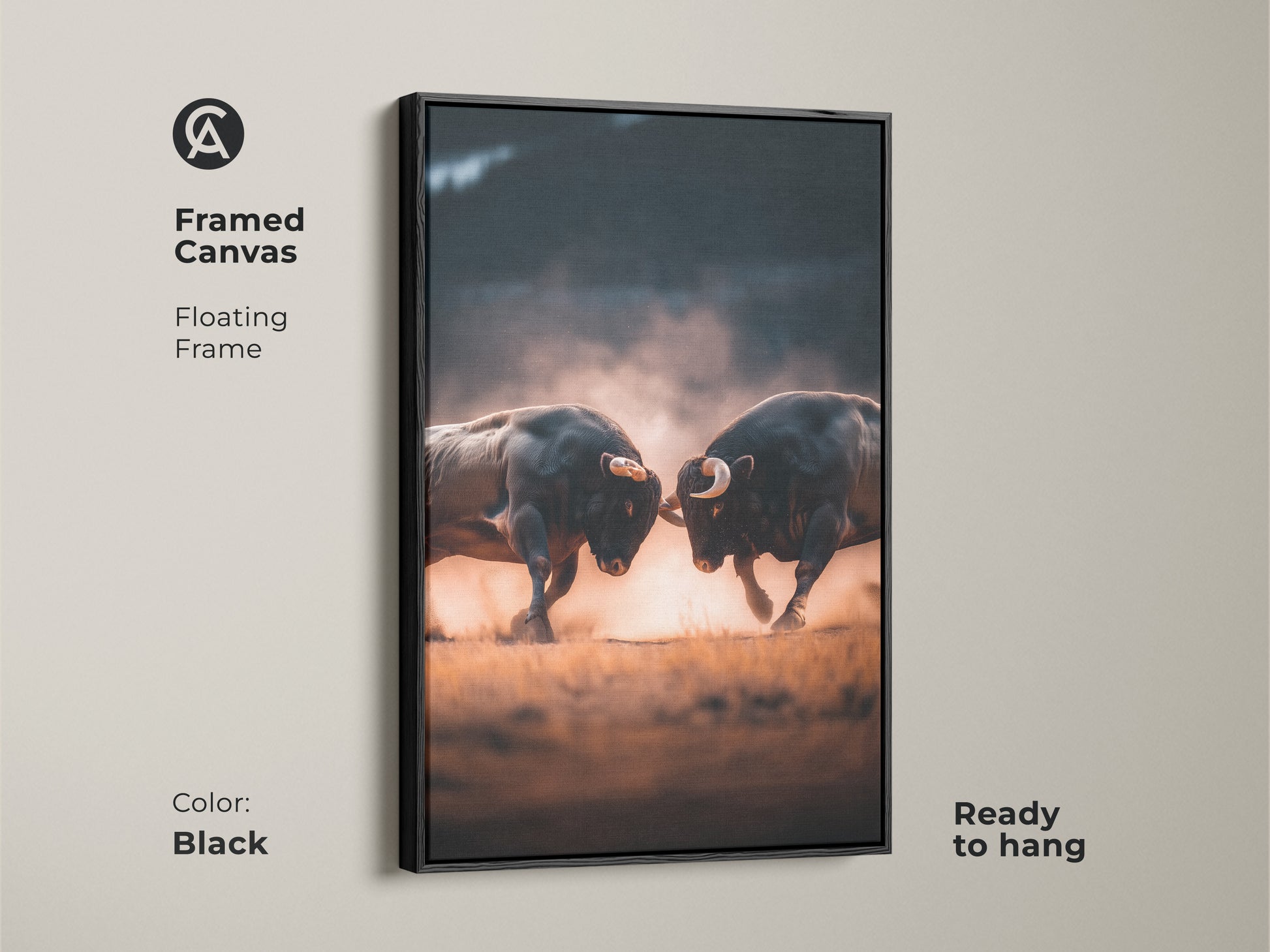 Black framed canvas art featuring two bulls battling. The floating frame adds depth. It comes ready to hang. This piece brings bold energy to your space. Discover framed animal artwork for your home.