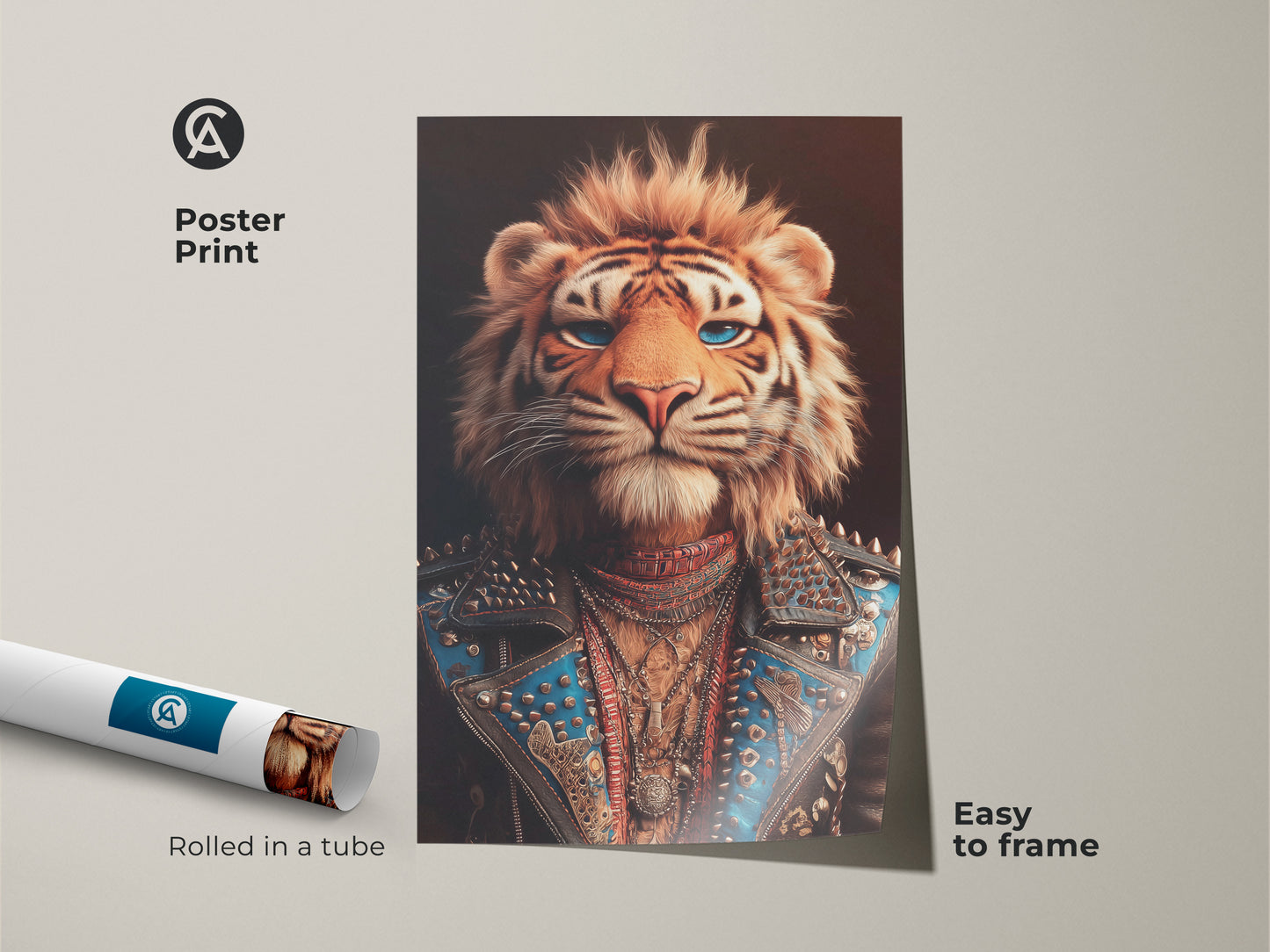 Poster print of a tiger dressed as a rockstar rolled in a tube. This punk rock tiger canvas is easy to frame. Perfect gift for rock music fans or animal portrait enthusiasts. It's a cool tiger poster and unique animal wall art.