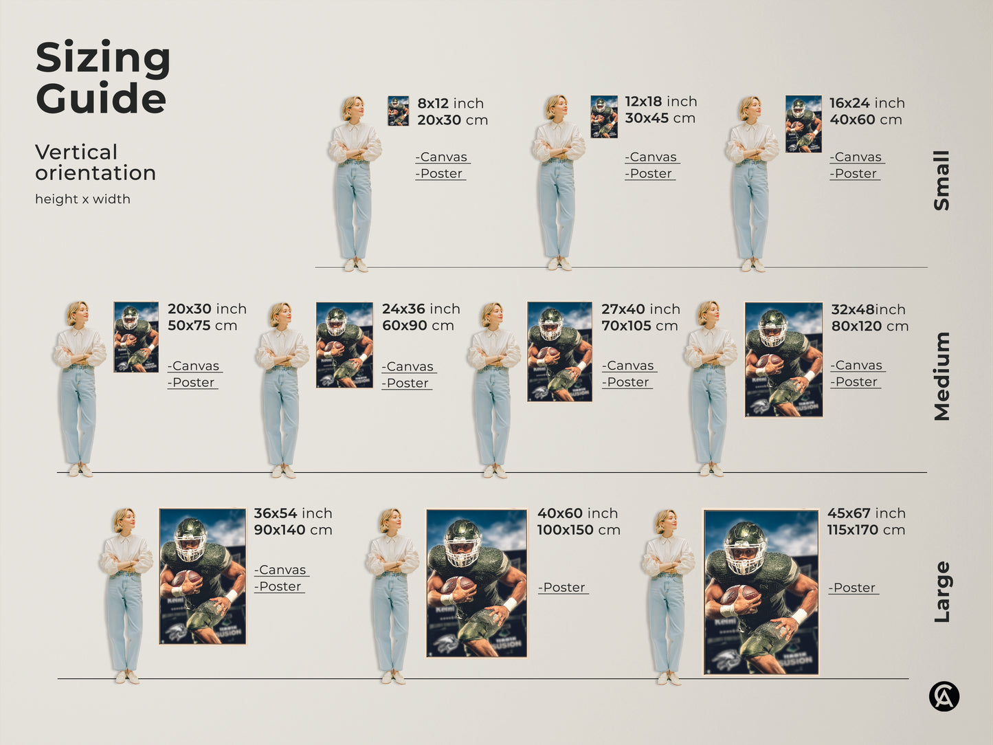 Sizing guide for American football player canvas and poster art. Find the perfect vertical orientation and size. Green and white sports action wall art for any space. A modern gift for the sports enthusiast.