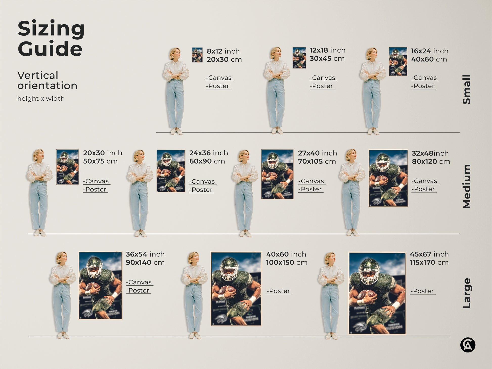 Sizing guide for American football player canvas and poster art. Find the perfect vertical orientation and size. Green and white sports action wall art for any space. A modern gift for the sports enthusiast.