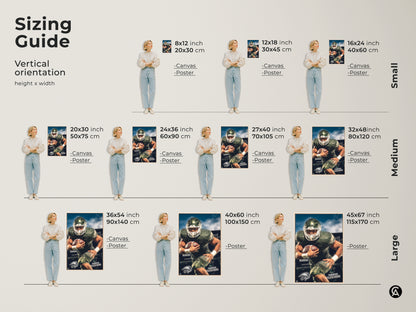 Sizing guide for American football player canvas and poster art. Find the perfect vertical orientation and size. Green and white sports action wall art for any space. A modern gift for the sports enthusiast.