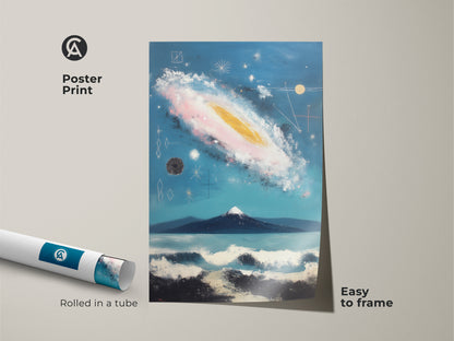 Framed canvas art with a floating frame in black. Ready to hang. It showcases an abstract galaxy mountain. This landscape has deep blue teal tones and pink gold accents. Eclectic wall art.