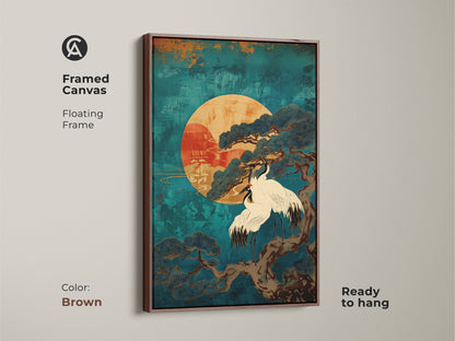 Framed Canvas with brown floating frame showcasing Japandi Teal Cranes and Pine Tree artwork beneath a stylized sun. This Japanese landscape art is ready to hang. This Asian inspired print is perfect for meditation room decor adding a calming and spiritual vibe to any space featuring elegant bird art.