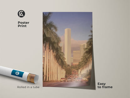 This poster print showcases a retro cityscape with skyscrapers and palm trees. This mid-century modern art is easy to frame. Rolled in a tube it is a perfect travel gift or a unique piece of earth tone home decor. Add a touch of vintage charm to your space.