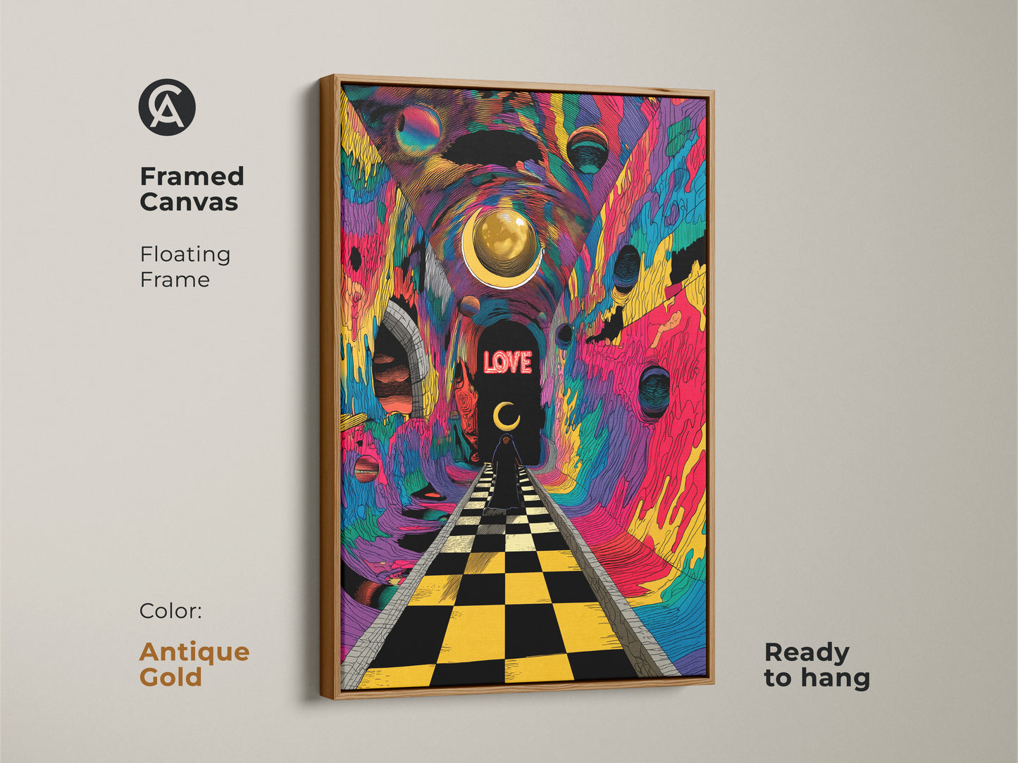 Antique gold floating frame showcases a psychedelic surrealism art print. An abstract tunnel vision and chessboard path offer a trippy effect. This modern artwork is ready to hang. A vibrant abstract print for any room.
