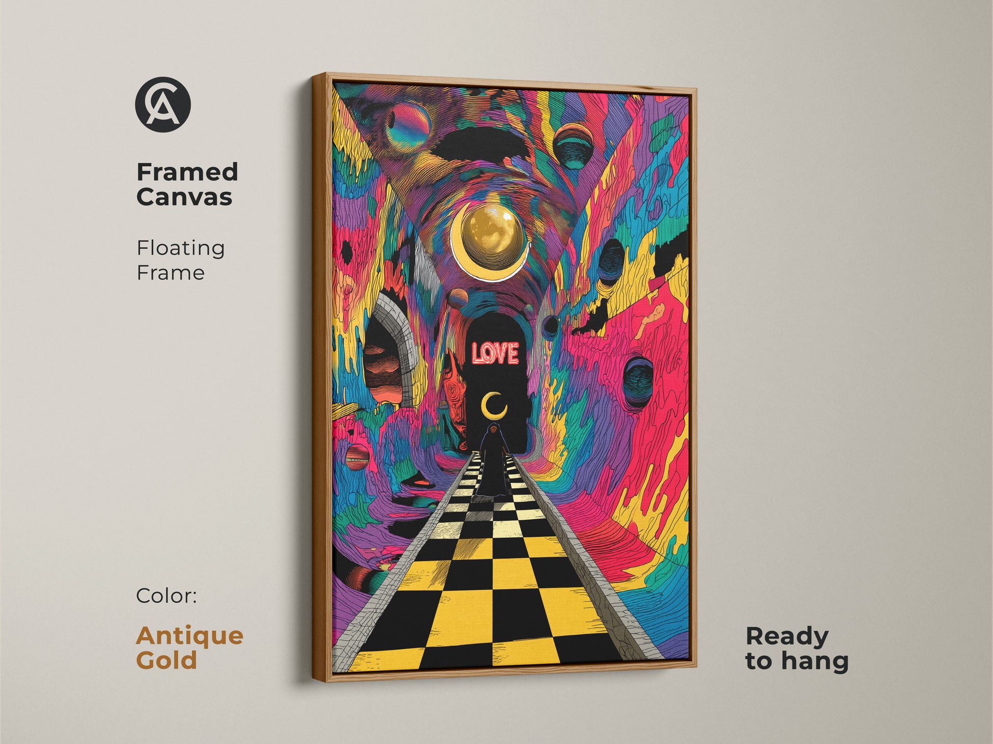 Antique gold floating frame showcases a psychedelic surrealism art print. An abstract tunnel vision and chessboard path offer a trippy effect. This modern artwork is ready to hang. A vibrant abstract print for any room.