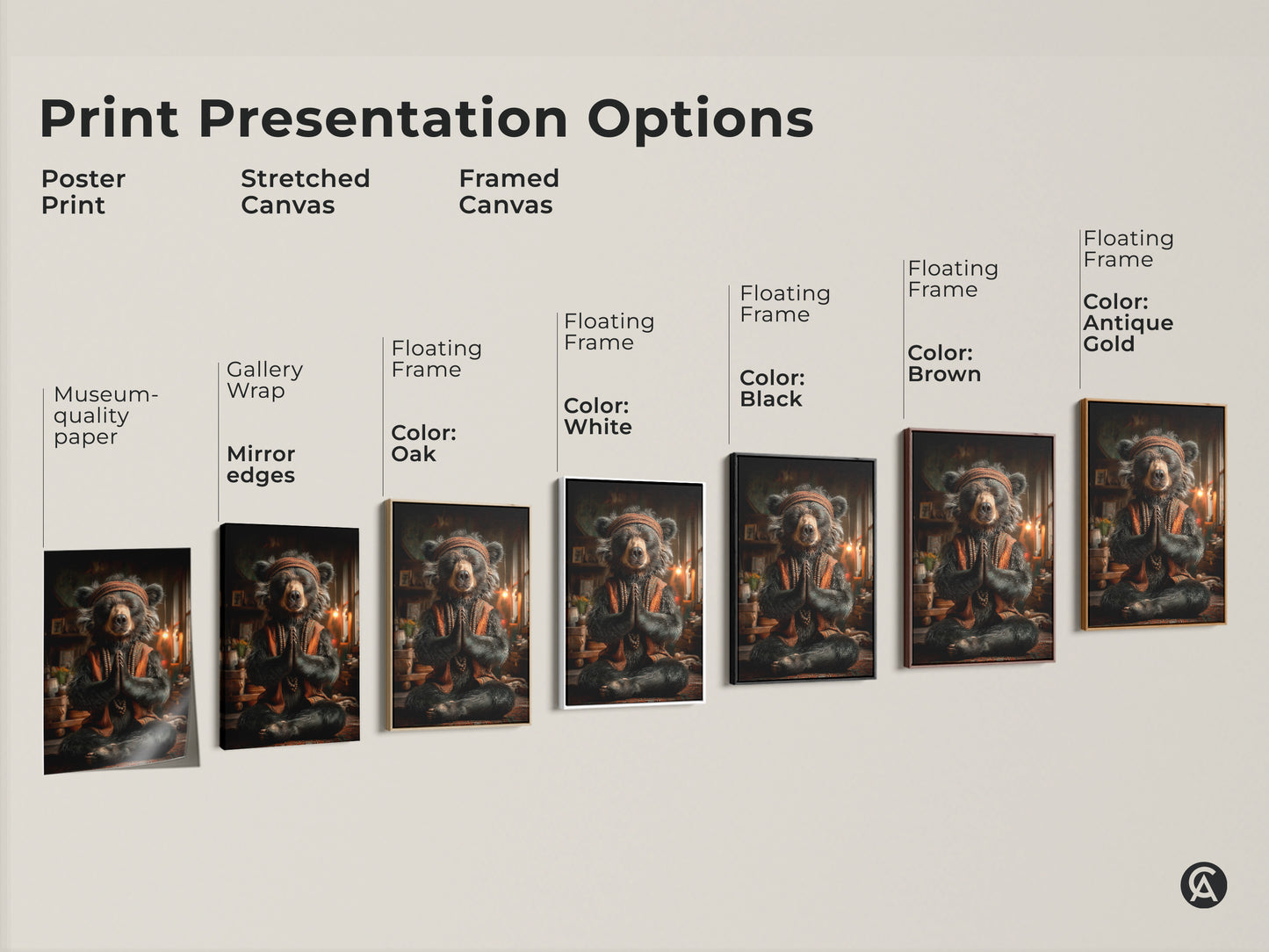Explore print presentation options. Choose from poster print stretched canvas and framed canvas. Variety of frame colors available. Museum-quality paper and mirror edges options. Options for serene bear artwork.