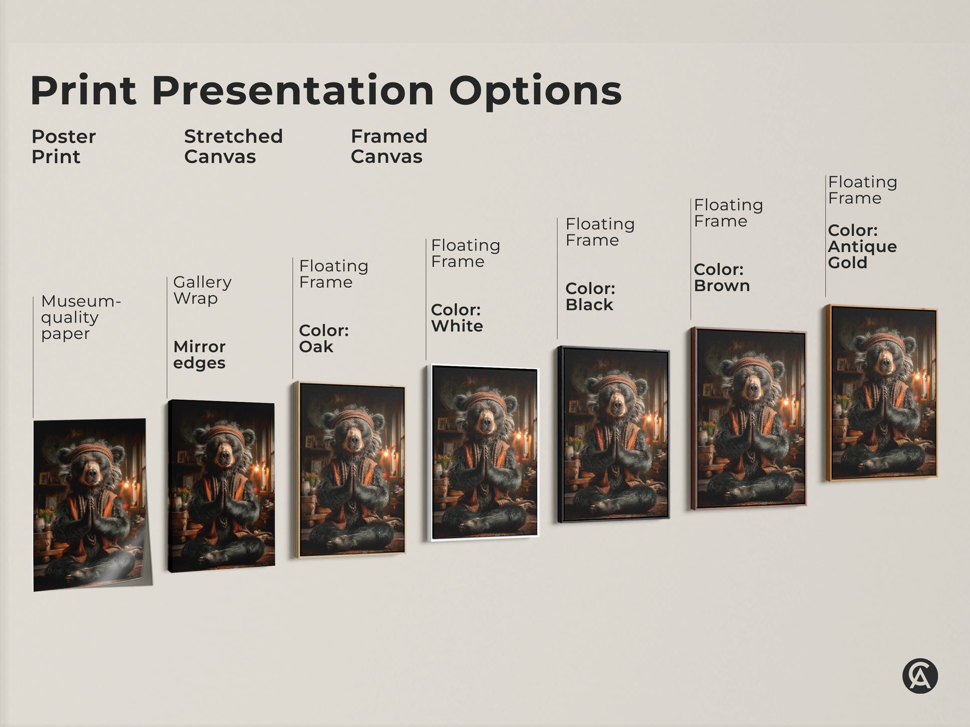 Explore print presentation options. Choose from poster print stretched canvas and framed canvas. Variety of frame colors available. Museum-quality paper and mirror edges options. Options for serene bear artwork.