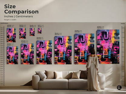 Size comparison of abstract art prints. See how each canvas size impacts the room's feel. Ranging from small to large. The vibrant colors and urban typography stand out. Visualize the perfect size for your art collection today.