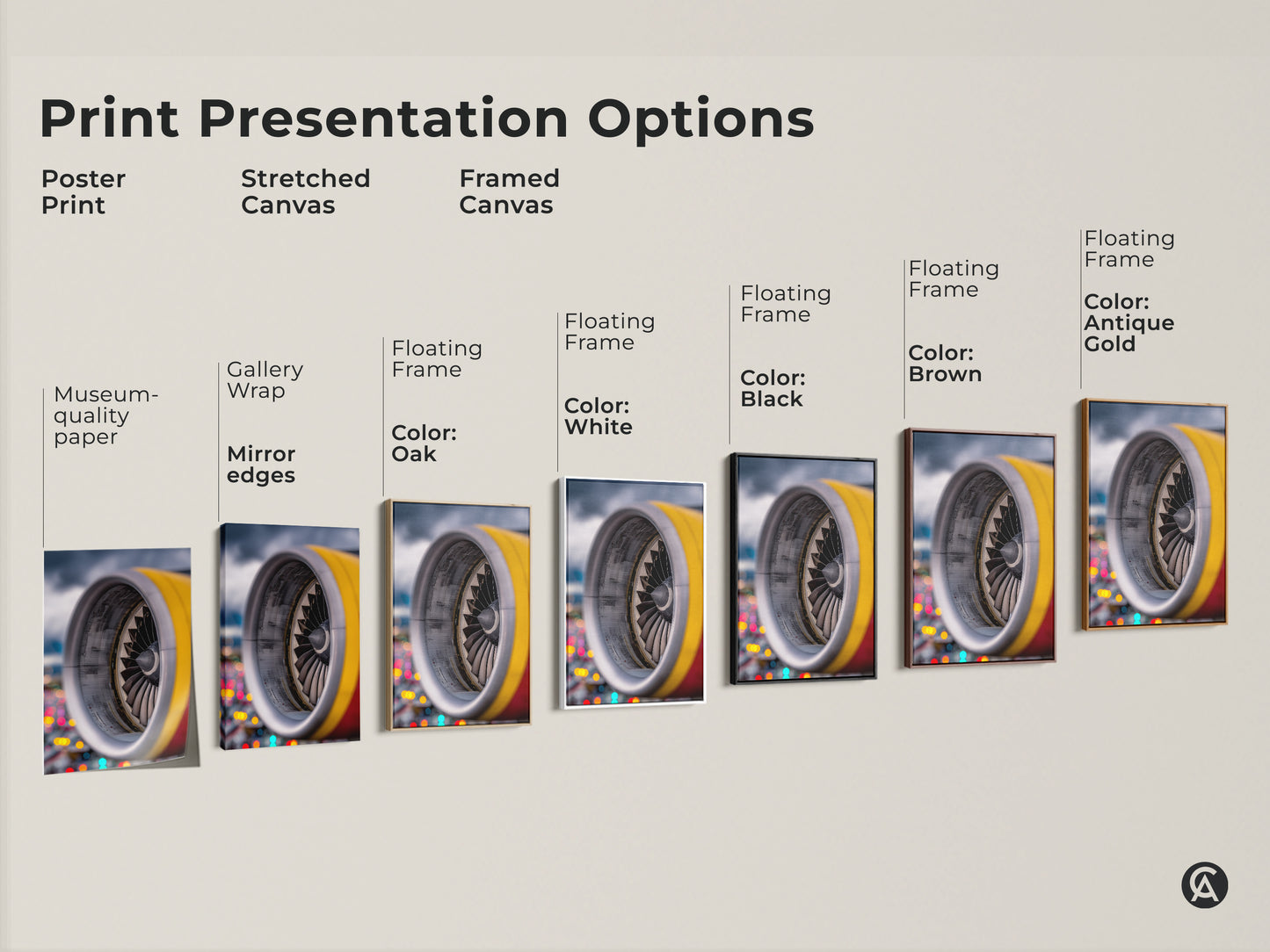 Explore print presentation options for industrial jet engine artwork. Choose from poster prints stretched canvas and framed canvas. Floating frame colors include oak white black brown and antique gold. Find the perfect style to suit your office or loft.