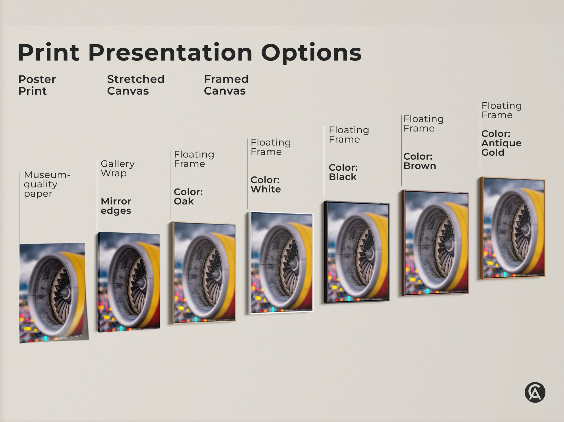 Explore print presentation options for industrial jet engine artwork. Choose from poster prints stretched canvas and framed canvas. Floating frame colors include oak white black brown and antique gold. Find the perfect style to suit your office or loft.