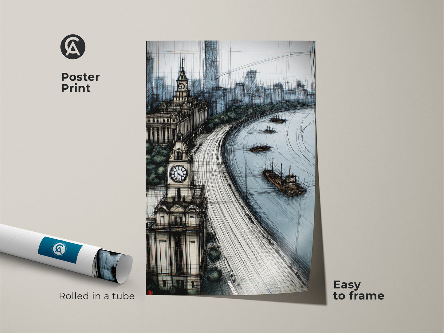 A blue gray cityscape sketch art print is rolled in a tube. This poster print showcases a river view with a clock tower and modern buildings. Easy to frame contemporary wall art. Perfect housewarming gift for travelers.