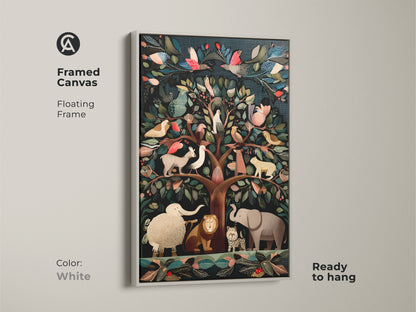 White framed canvas art featuring a Folk Art Tree of Life. It features exotic birds and animals in deep teal brown and emerald green tones. This nature inspired wall art is ready to hang. This animal lover artwork makes a cozy home decor accent.