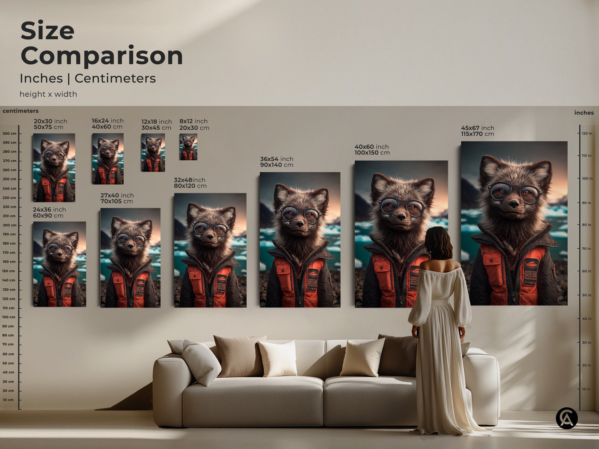 Size Comparison Inches Centimeters of the Arctic Fox wearing glasses art. The artwork includes height x width. Sizes include 16x24 inch 20x30 inch 12x18 inch 8x12 inch 36x54 inch 40x60 inch 45x67 inch and 32x48 inch. Modern Eclectic print.