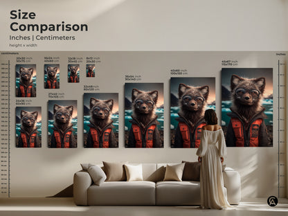 Size Comparison Inches Centimeters of the Arctic Fox wearing glasses art. The artwork includes height x width. Sizes include 16x24 inch 20x30 inch 12x18 inch 8x12 inch 36x54 inch 40x60 inch 45x67 inch and 32x48 inch. Modern Eclectic print.