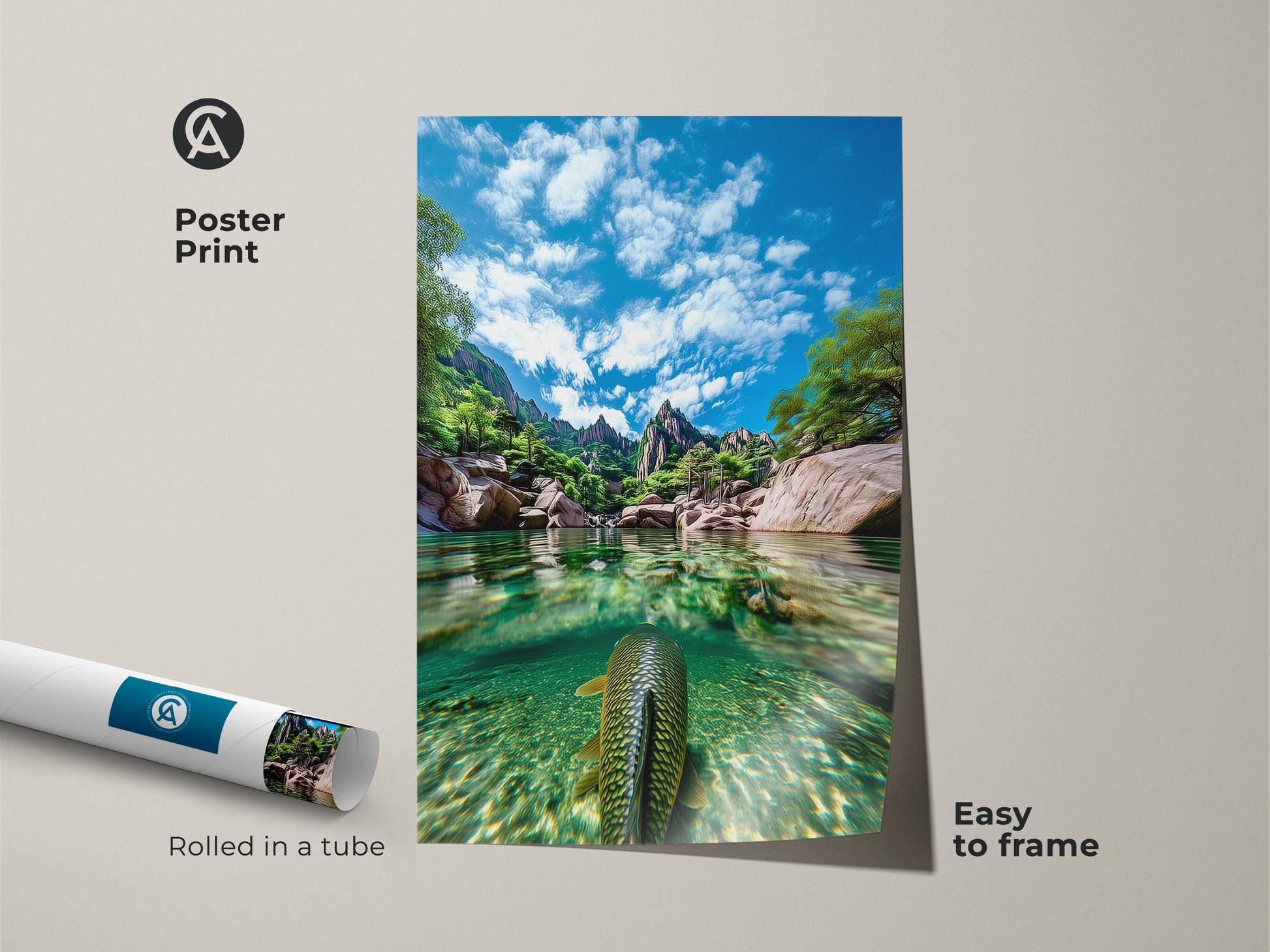 This poster print features a realistic underwater landscape. The rolled art is easy to frame and showcases a freshwater fish. The blue green landscape brings nature to any room. This nature photography print is perfect for those who love boating fishing and sky clouds.