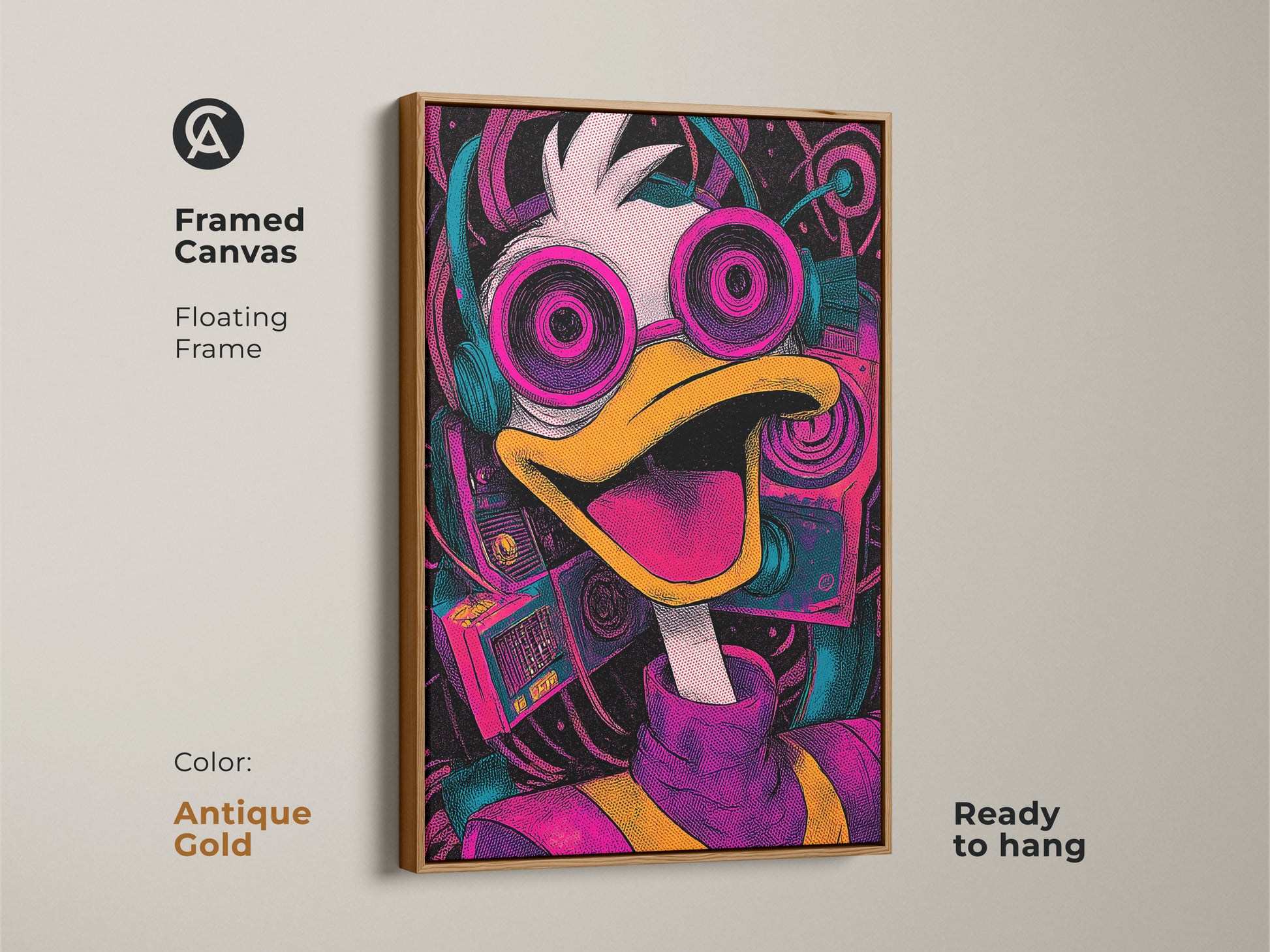 Framed canvas art featuring Donald Duck with headphones. The artwork has an antique gold floating frame. It's a fun and stylish addition to any room. The canvas is ready to hang.
