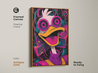Framed canvas art featuring Donald Duck with headphones. The artwork has an antique gold floating frame. It's a fun and stylish addition to any room. The canvas is ready to hang.