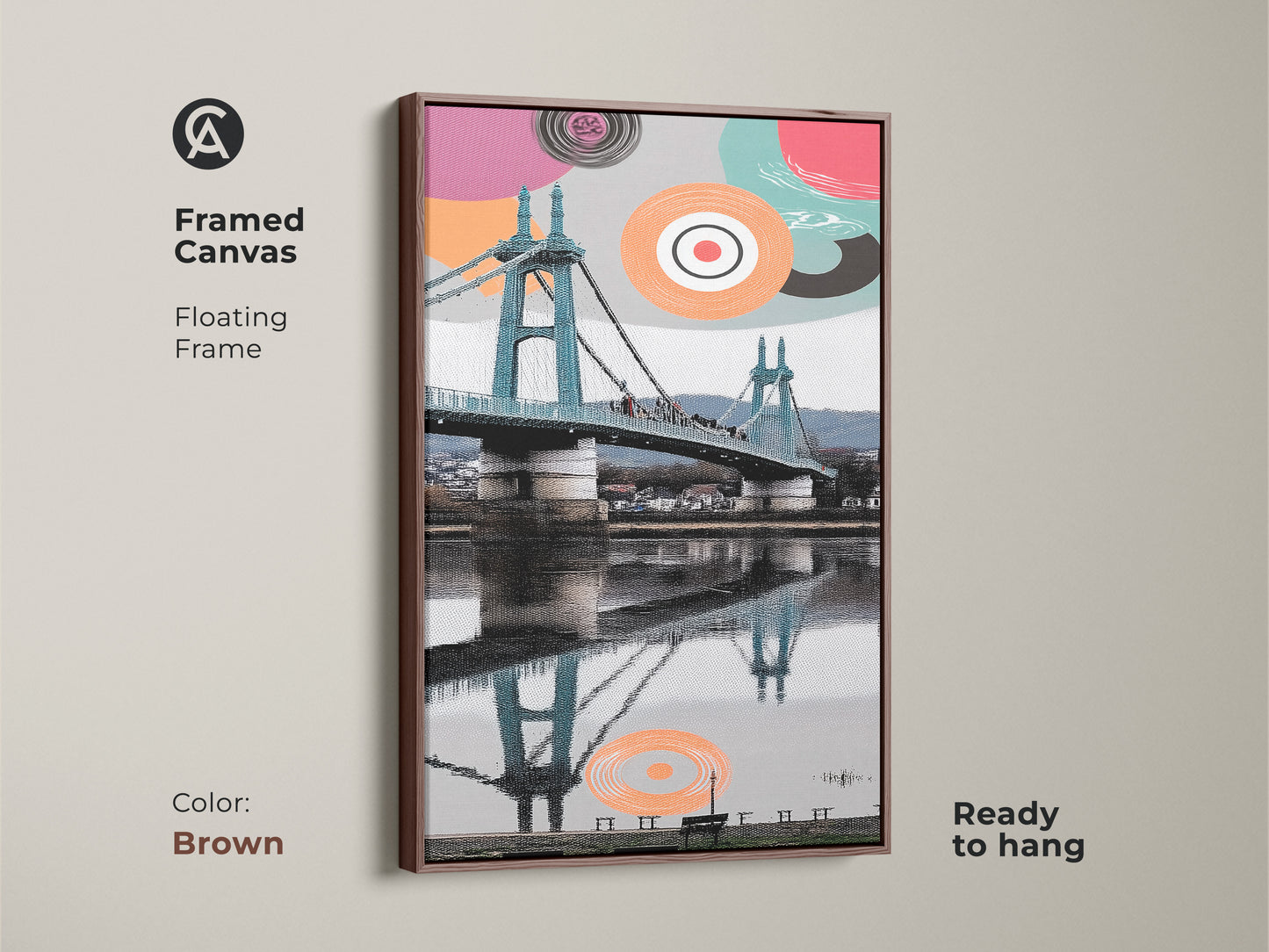 Framed canvas with a floating frame is ready to hang. Brown frame complements the abstract geometric art. Aqua and coral colors highlight the suspension bridge print. This is modern cityscape wall art and a contemporary entryway decor piece. Its a unique art print for the office.