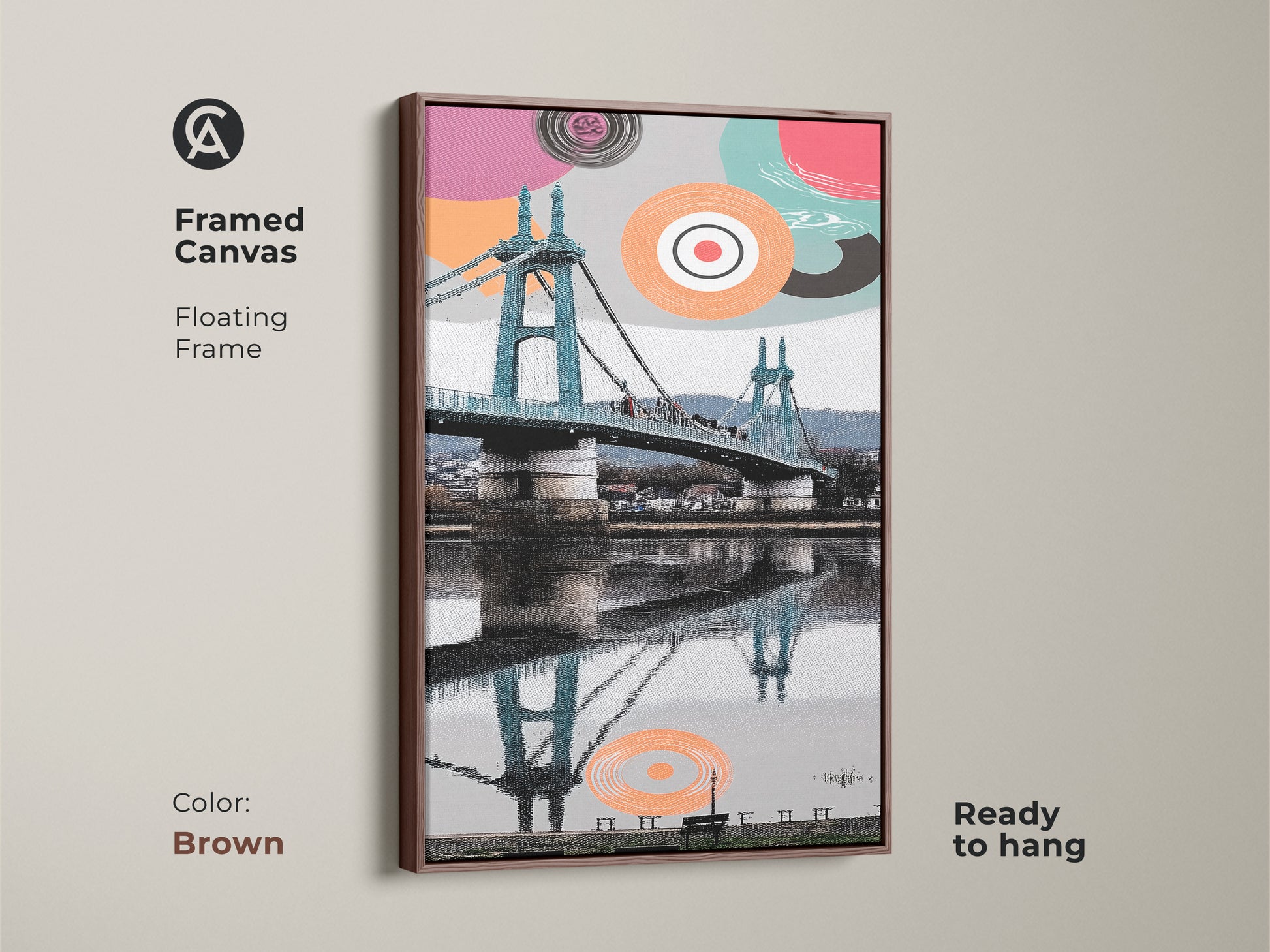 Framed canvas with a floating frame is ready to hang. Brown frame complements the abstract geometric art. Aqua and coral colors highlight the suspension bridge print. This is modern cityscape wall art and a contemporary entryway decor piece. Its a unique art print for the office.