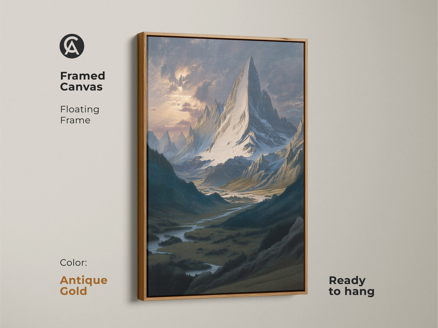 Antique gold framed canvas of a snowy peak and river valley. This landscape is painterly mountain artwork. Traditional decor in blue gray tones. Ready to hang for instant nature inspired wall decor. Perfect hiker gift.