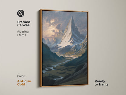 Antique gold framed canvas of a snowy peak and river valley. This landscape is painterly mountain artwork. Traditional decor in blue gray tones. Ready to hang for instant nature inspired wall decor. Perfect hiker gift.