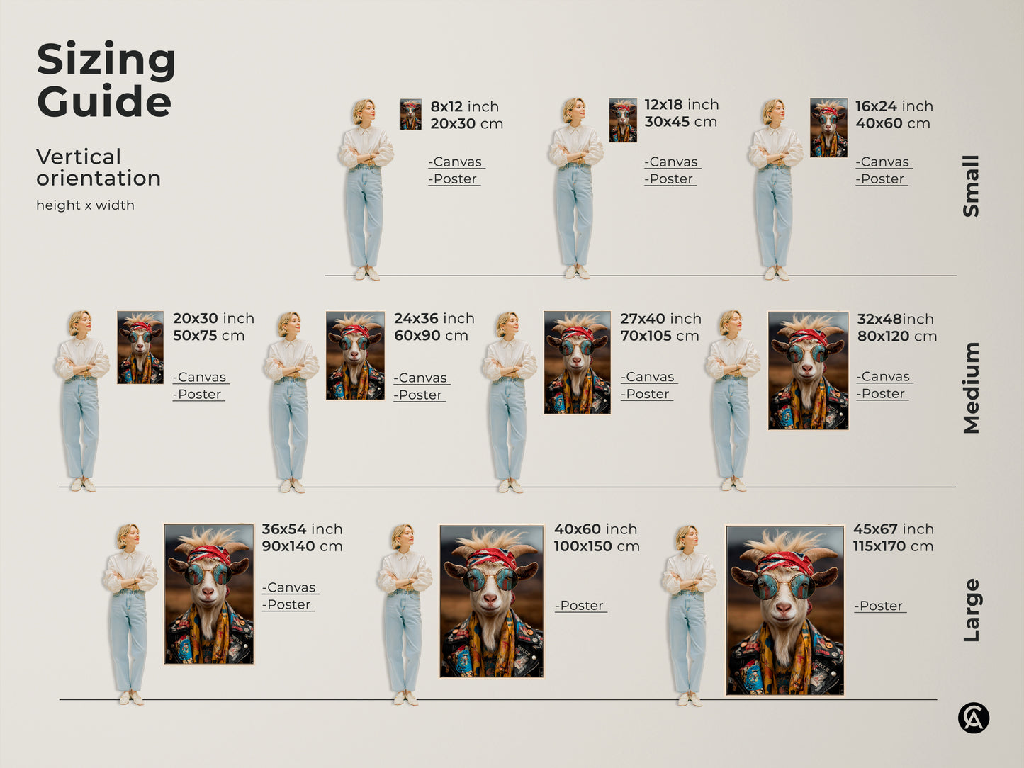 Sizing guide for vertical cool goat art. Available in small medium and large canvas or poster print sizes. Find the perfect fit for your space with this rockstar vibe wall decor.