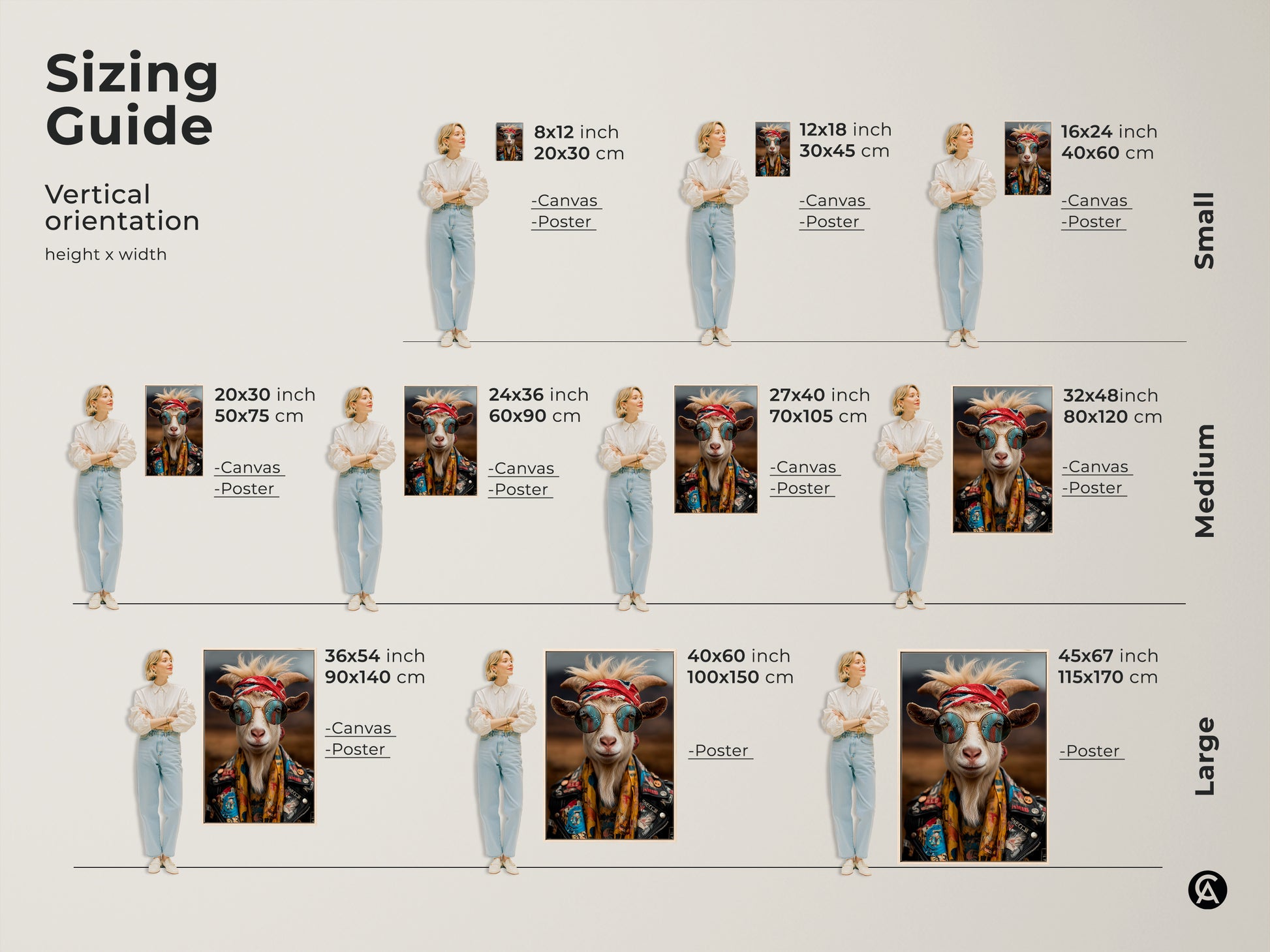 Sizing guide for vertical cool goat art. Available in small medium and large canvas or poster print sizes. Find the perfect fit for your space with this rockstar vibe wall decor.