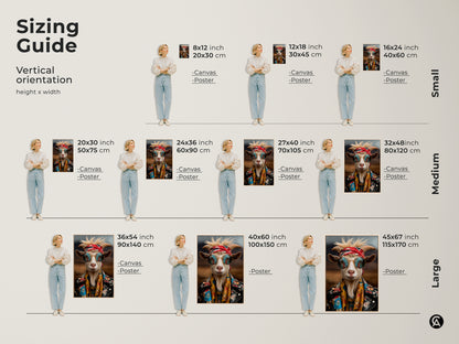 Sizing guide for vertical cool goat art. Available in small medium and large canvas or poster print sizes. Find the perfect fit for your space with this rockstar vibe wall decor.