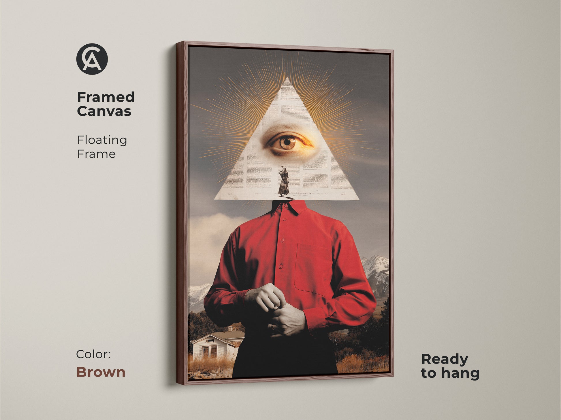 Framed canvas displaying surreal eye mountain collage art with a warm brown floating frame. This red and gold landscape wall art is ready to hang. It offers eclectic style and symbolic depth. A thought-provoking piece and unique gift for art lovers.