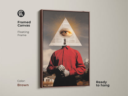 Framed canvas displaying surreal eye mountain collage art with a warm brown floating frame. This red and gold landscape wall art is ready to hang. It offers eclectic style and symbolic depth. A thought-provoking piece and unique gift for art lovers.