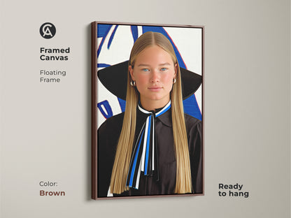 Framed Canvas in brown showcasing abstract woman portrait. The artwork includes blue white black colors. Contemporary art piece ideal for stylish portrait art. Enhances living room decor with modern female artwork. Ready to hang and perfect as an upscale home decor.