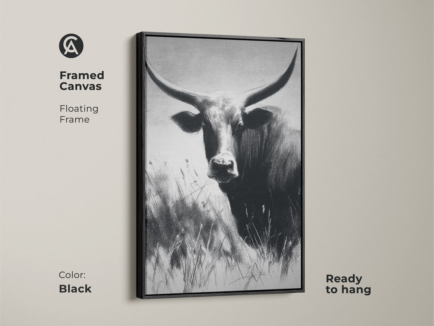 Black framed canvas of a monochrome bull. Floating frame enhances the textured animal wall art. Ready to hang farmhouse decor. Rustic black and white wildlife artwork.