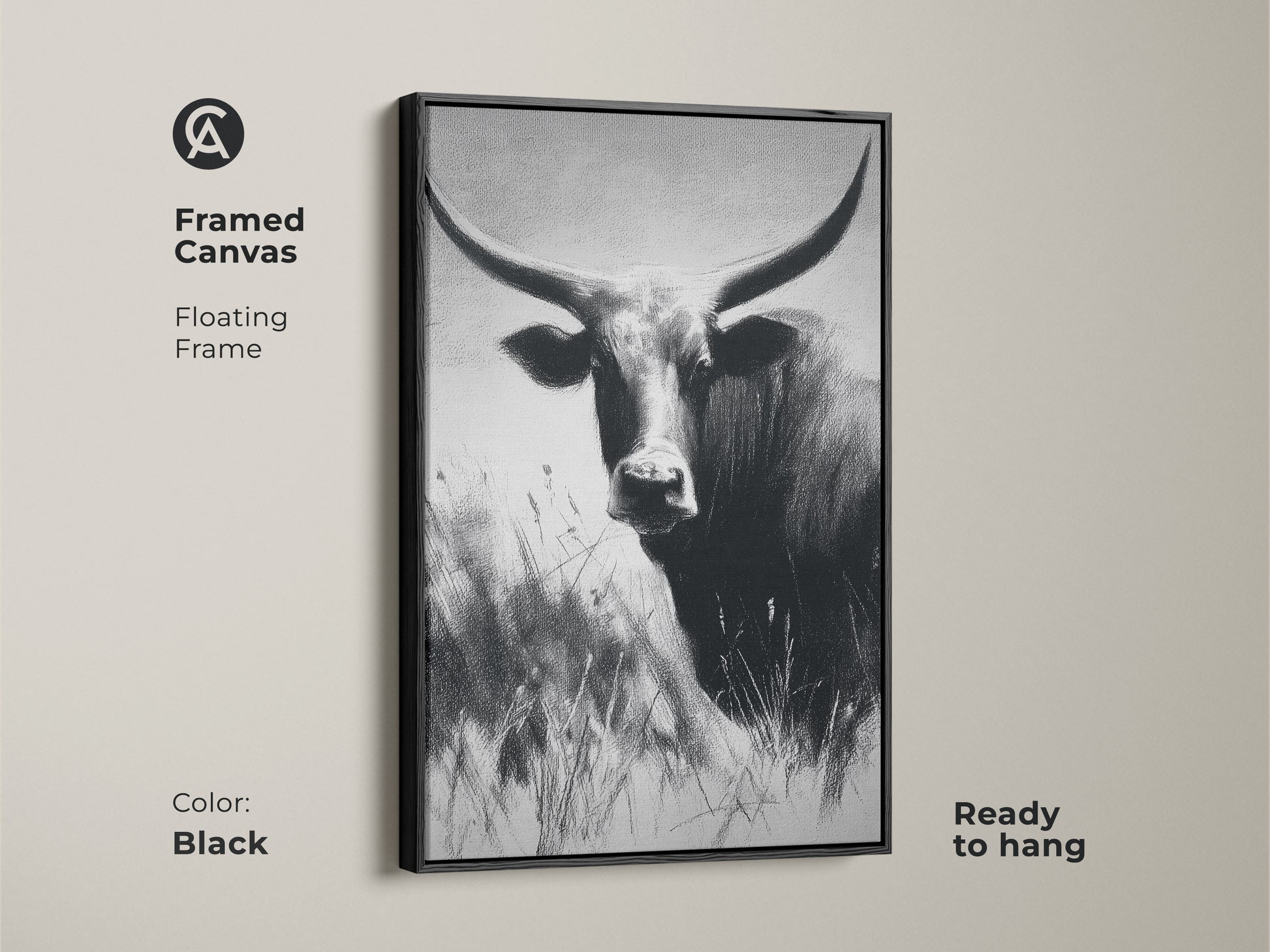 Black framed canvas of a monochrome bull. Floating frame enhances the textured animal wall art. Ready to hang farmhouse decor. Rustic black and white wildlife artwork.