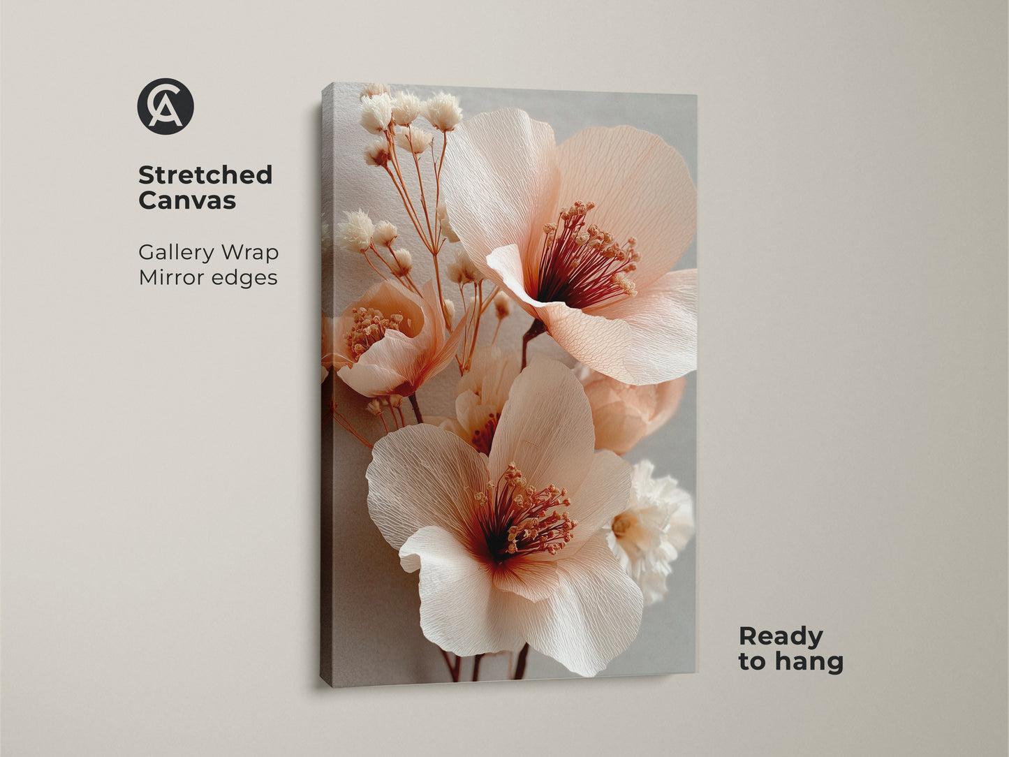Stretched canvas featuring blush pink floral artwork. Gallery wrapped with mirrored edges. This boho botanical canvas has coral peony blooms with soft gray accents. A delicate floral decor for feminine spaces. Ready to hang art for a living room or bedroom.