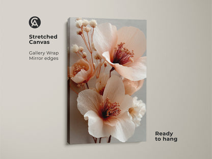 Stretched canvas featuring blush pink floral artwork. Gallery wrapped with mirrored edges. This boho botanical canvas has coral peony blooms with soft gray accents. A delicate floral decor for feminine spaces. Ready to hang art for a living room or bedroom.