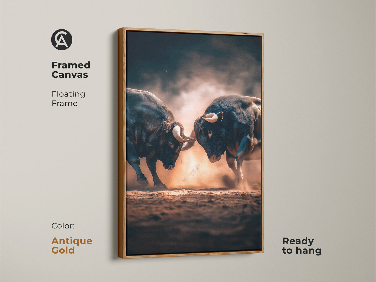 Framed canvas artwork of two bulls fighting. The floating frame in antique gold adds elegance. Ready to hang this artwork brings sophistication to any room. Ideal for classic art enthusiasts.