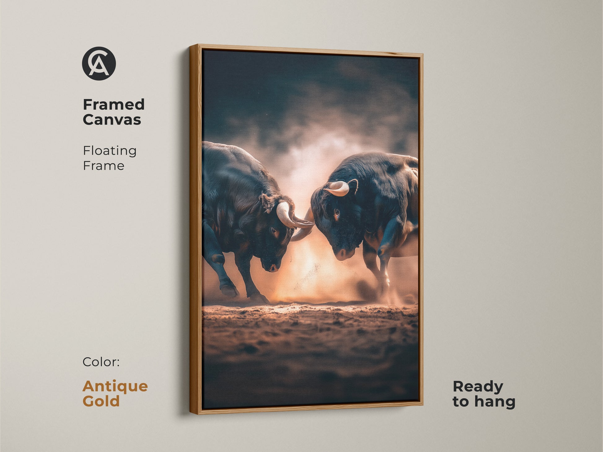 Framed canvas artwork of two bulls fighting. The floating frame in antique gold adds elegance. Ready to hang this artwork brings sophistication to any room. Ideal for classic art enthusiasts.