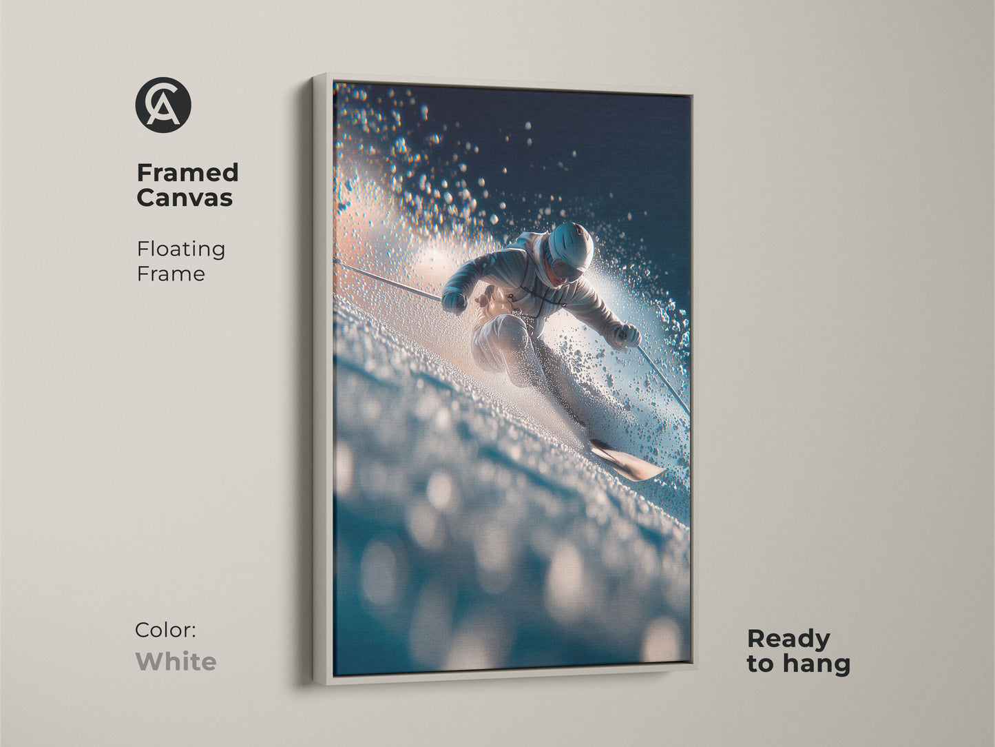 Framed canvas art presenting a skier on a snowy slope. White floating frame provides a clean look. It is ready to hang immediately. Perfect for adding a touch of winter to your home.