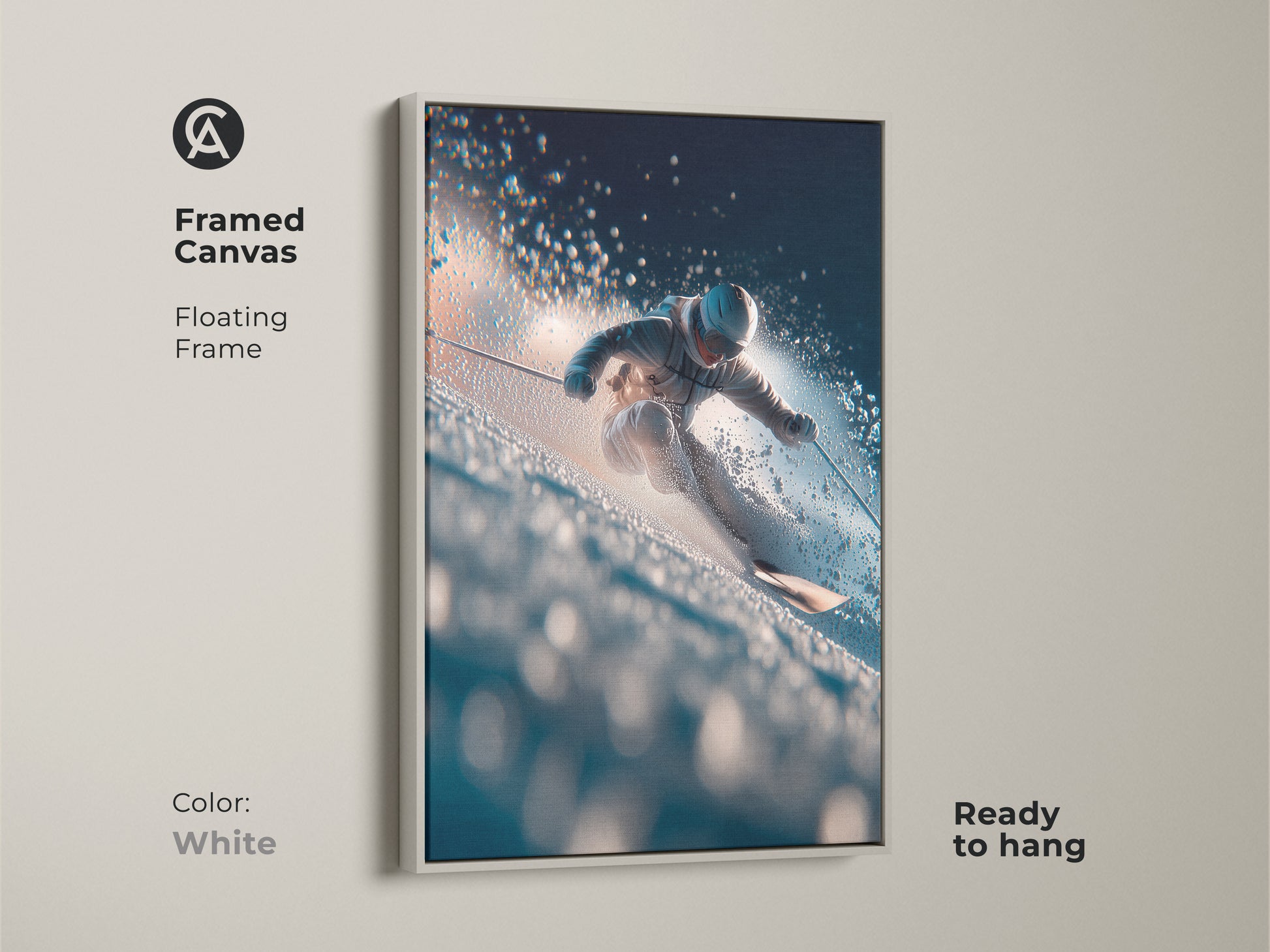Framed canvas art presenting a skier on a snowy slope. White floating frame provides a clean look. It is ready to hang immediately. Perfect for adding a touch of winter to your home.