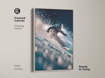 Framed canvas art presenting a skier on a snowy slope. White floating frame provides a clean look. It is ready to hang immediately. Perfect for adding a touch of winter to your home.
