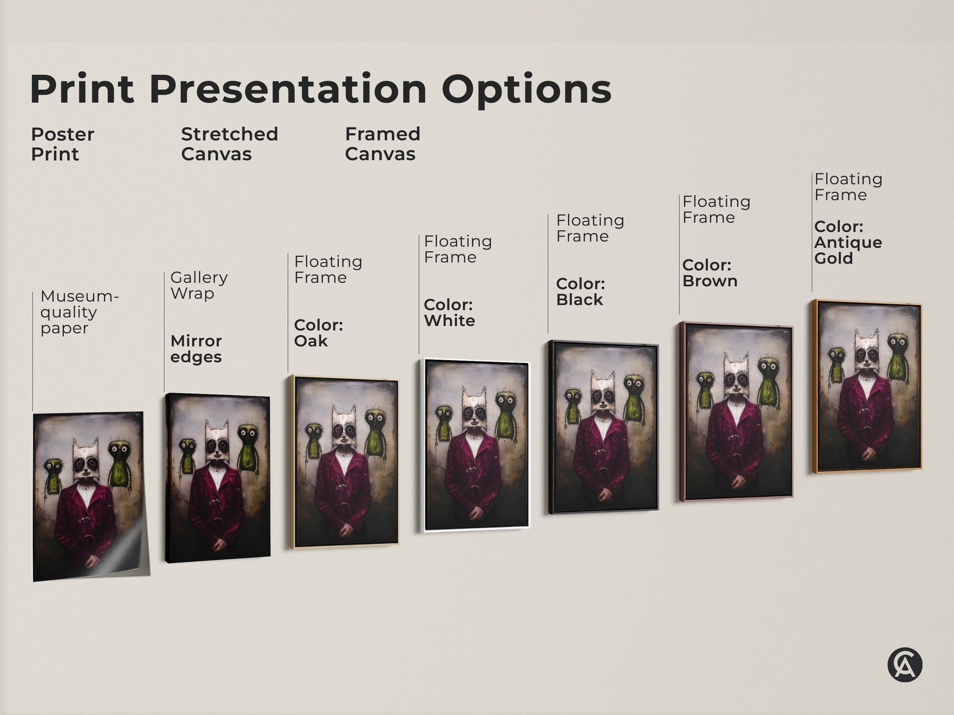Explore print presentation options. Choose from poster prints to stretched canvas and framed canvas. Museum-quality paper and gallery wrap options are available. Each artwork features a surreal character with a gothic mask. Select the perfect fit for your eclectic home decor.
