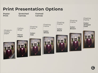 Explore print presentation options. Choose from poster prints to stretched canvas and framed canvas. Museum-quality paper and gallery wrap options are available. Each artwork features a surreal character with a gothic mask. Select the perfect fit for your eclectic home decor.
